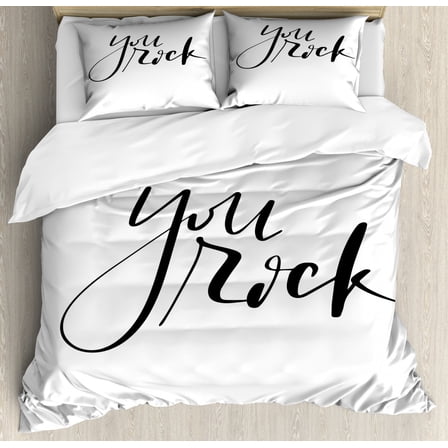You Rock Duvet Cover Set Queen Size, Monochrome Simplistic Cursive Calligraphy with Motivational Phrase, Decorative 3 Piece Bedding Set with 2 Pillow Shams, Charcoal Grey and White, by Ambesonne