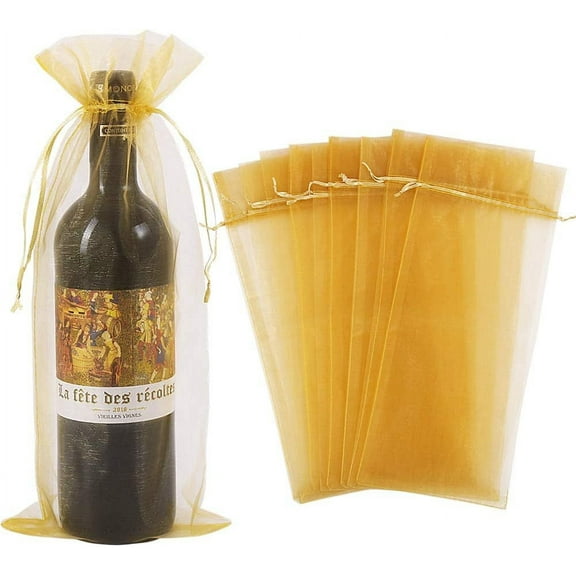 HRX Package 30pcs Organza Wine Bags, Mesh Bottle Gift Pouches Wine Covers Dresses with Drawstring for Valentines Day(Gold)