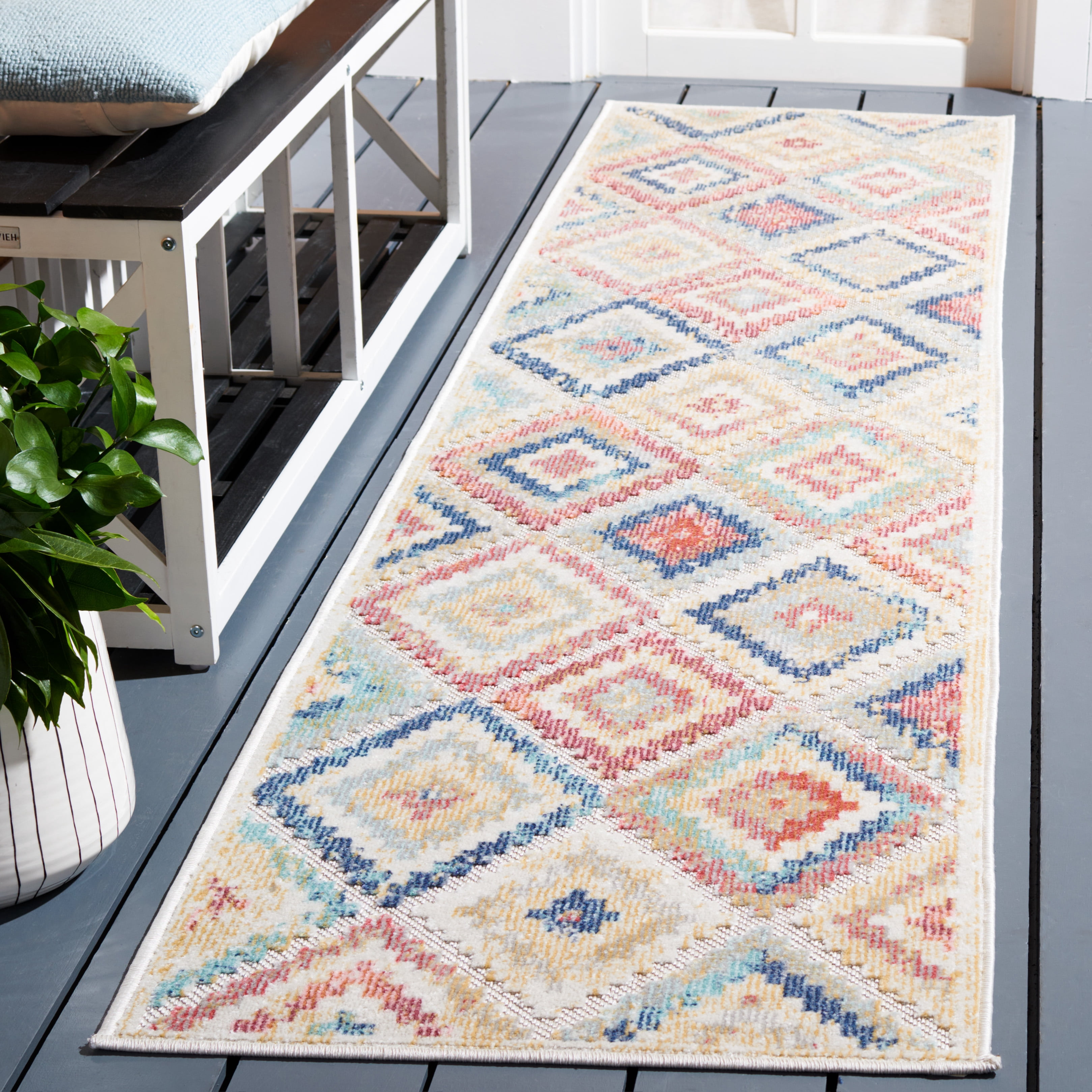 SAFAVIEH Cabana Carina Geometric Indoor/Outdoor Runner Rug, Red/Blue/Multi, 2'2" x 9'