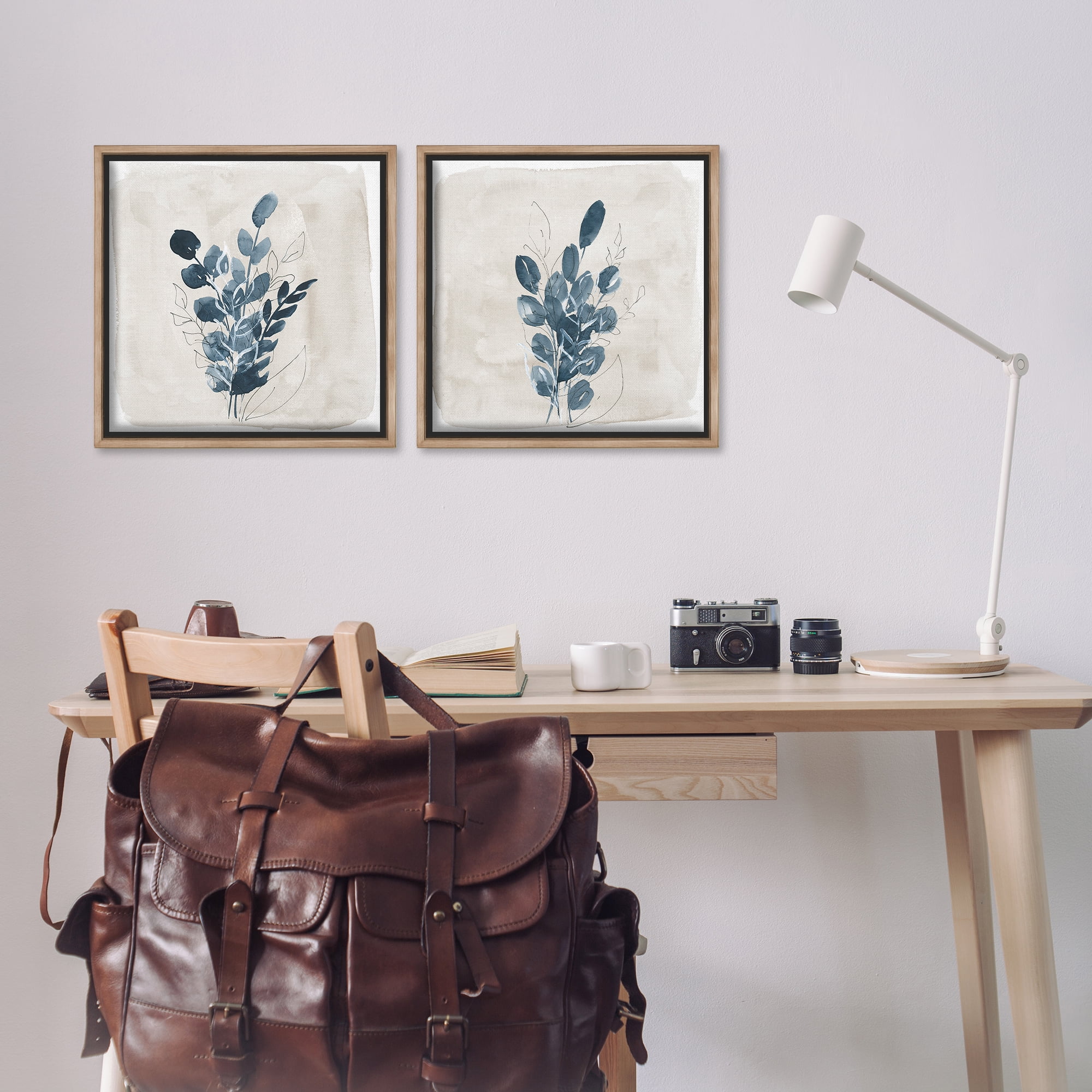 Stupell Industries Blue Summer Leaves Plants & Flowers Painting Brown Floater Framed Canvas Art Print Wall Art, 18 x 18, Set of 2