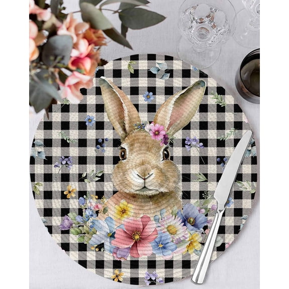 13 Inch Round Placemats Set of 6, Bunny Easter Non Slip Heat Insulation PP Table Mats, Black Plaid Spring Floral Pastoral Retro Art Washable Place Mats for Kitchen Dining Party Table Decor