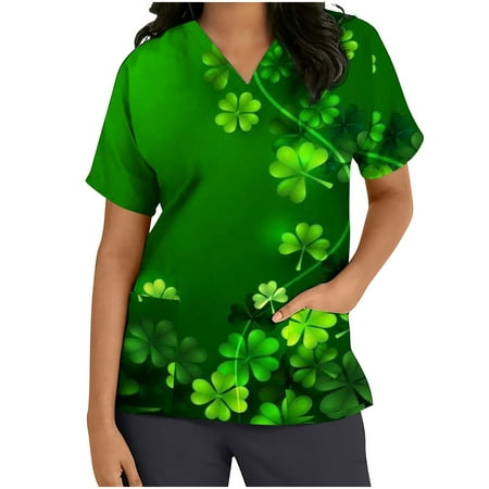 

Fashion Nursing Uniforms Womens Scrub Tops Blouse with Pockets St Patricks Day T Shirts Shamrock Graphic Tees Workwear