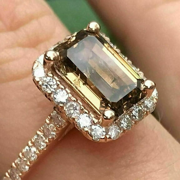 3Ct Emerald Cut Brown Lab-Created Diamond Halo Engagement Ring 14K Rose Gold Plated