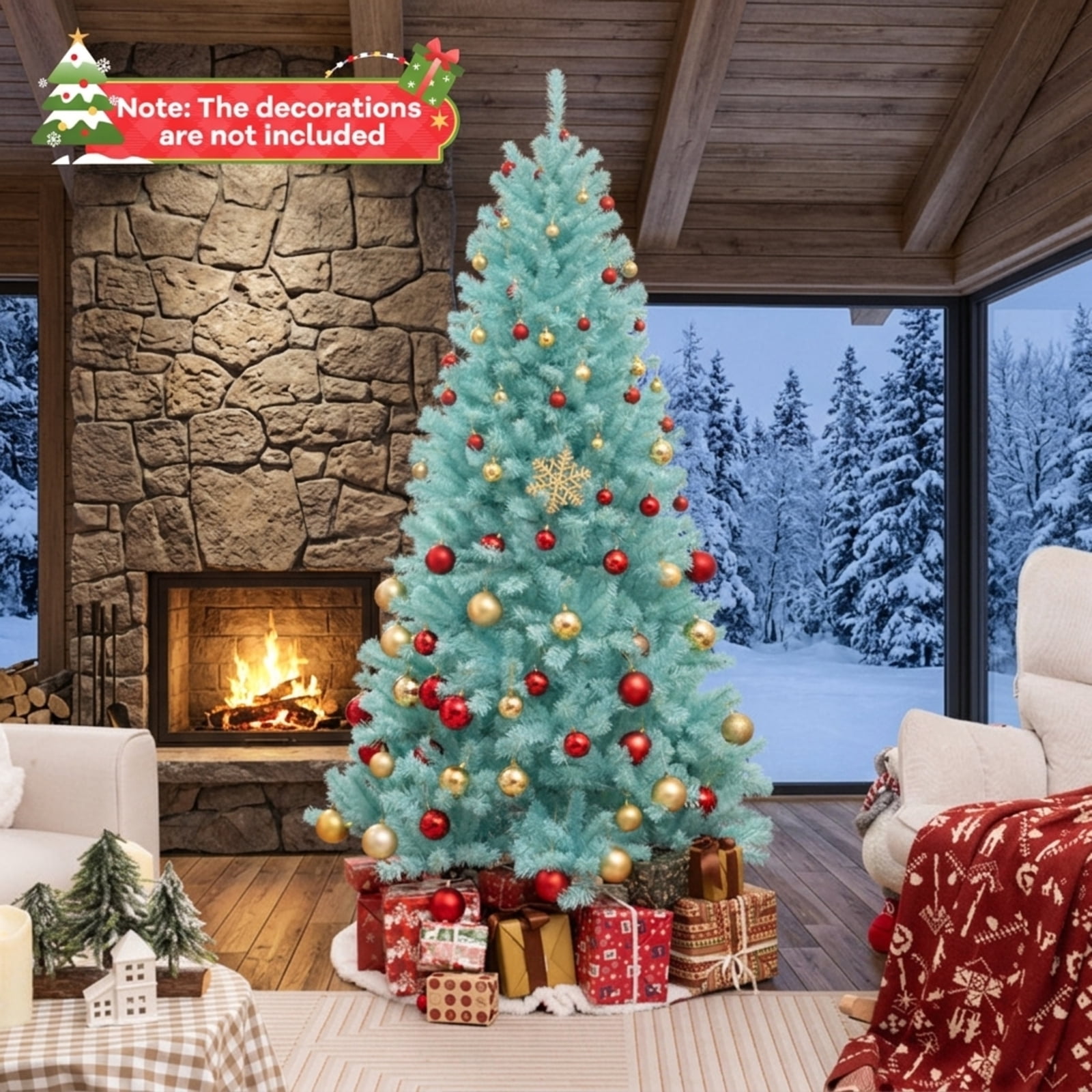 RUIE 7 ft Blue Christmas Tree, Pre-Lit Artificial Xmas Tree with 380 LED Lights, 1040 Branch Tips and Foldable Metal Stand