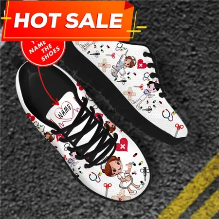 

Custom Name Nurse Shoes Mesh Flat Sneakers For Women s Cute Cartoon Premium Sketch Physio Design Breathable Footwear