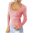 thumbnail image 2 of Fouhkni Going out Tops for Women Fall Square Neck Low Cut Long Sleeve Shirts Ribbed Basic Tees Tops, 2 of 8