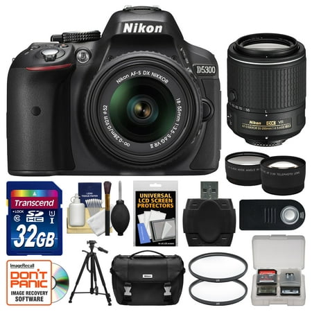 Nikon D5300 Digital SLR Camera & 18-55mm VR DX II AF-S Lens (Black) - Factory Refurbished with 55-200mm VR Zoom Lens + 32GB Card + Case + Tripod + Tele/Wide Lens