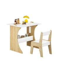 2-in-1 Kids Table and Chairs with Storage, Toddler Table with Convertible Tabletop, Multifunctional Wooden Children Study Table for Study, Drawing, Play, Natural