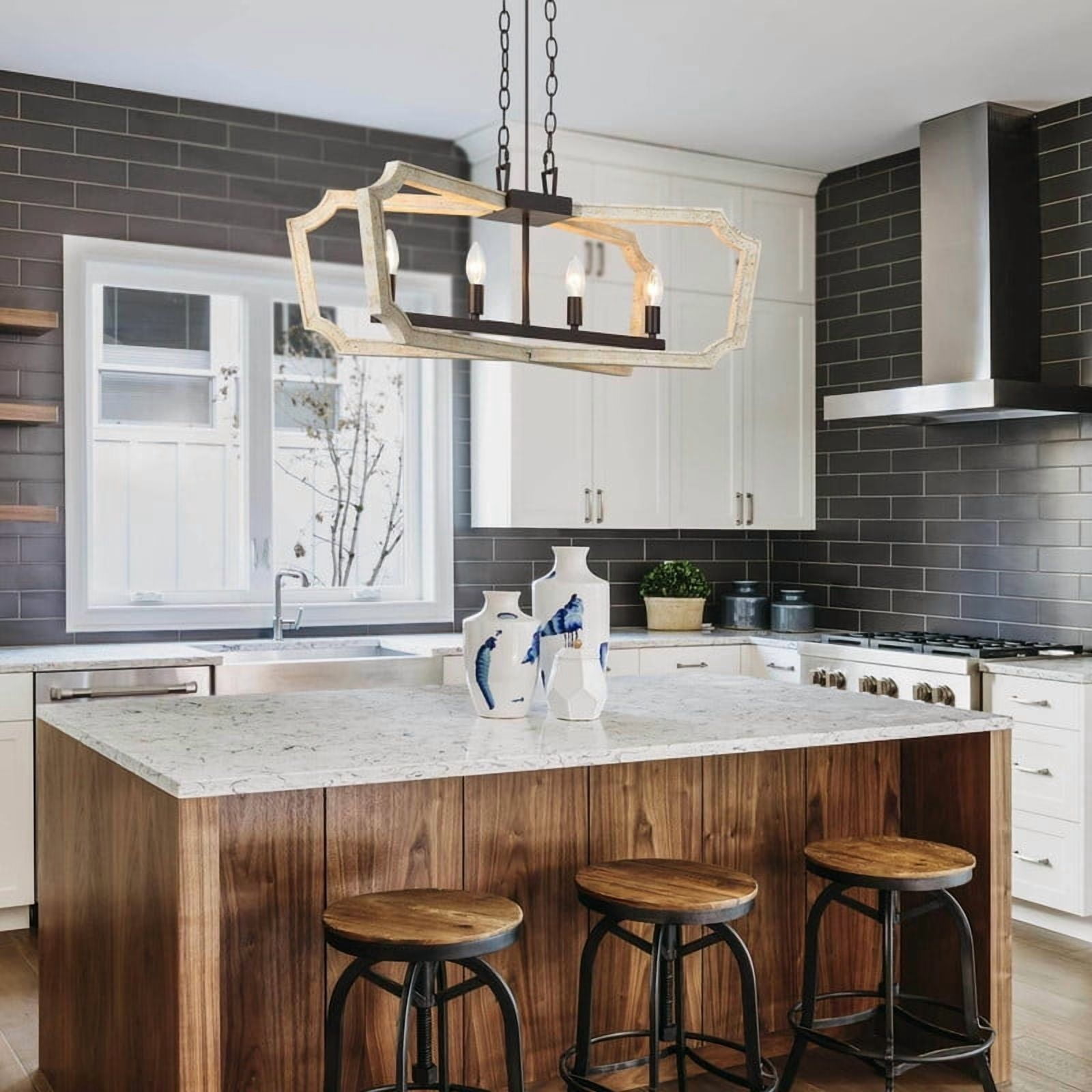 LNC Integrifolia 4-Light Rustic Wood and Iron Linear Chandelier for Kitchen Island