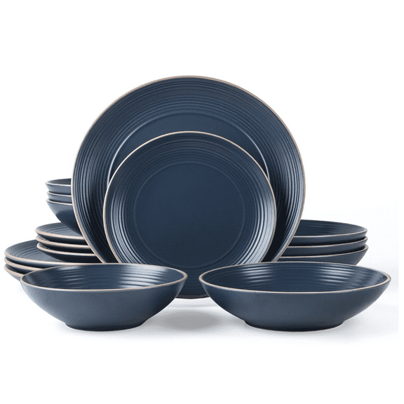 Arora RINGAR Round Stoneware 16pc Double Bowl Dinnerware Set for 4, Dinner Plates, Side Plates, Cereal Bowls, Pasta Bowls - Speckle Matte Blue (420796)