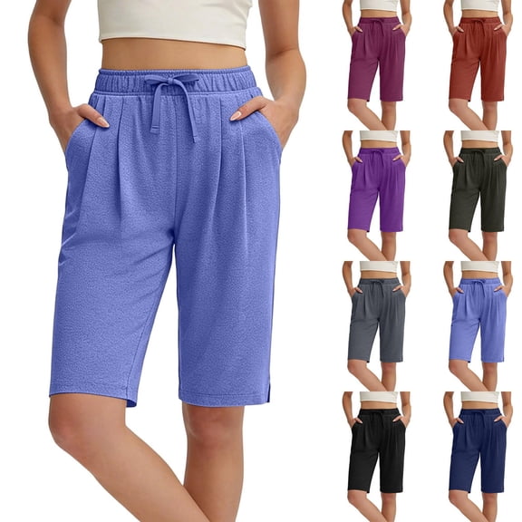 Pafei Tyugd Womens Bermuda Shorts with Pockets Cozy Soft Stretch Shorts Elastic Drawstring Summer Shorts Pull On Plus Size Casual Shorts Blue S