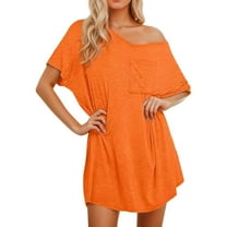 Women Nightgown Solid Color Sexy V Neck Short Sleeved Sleep Dress Sleepwear Orange 2XL