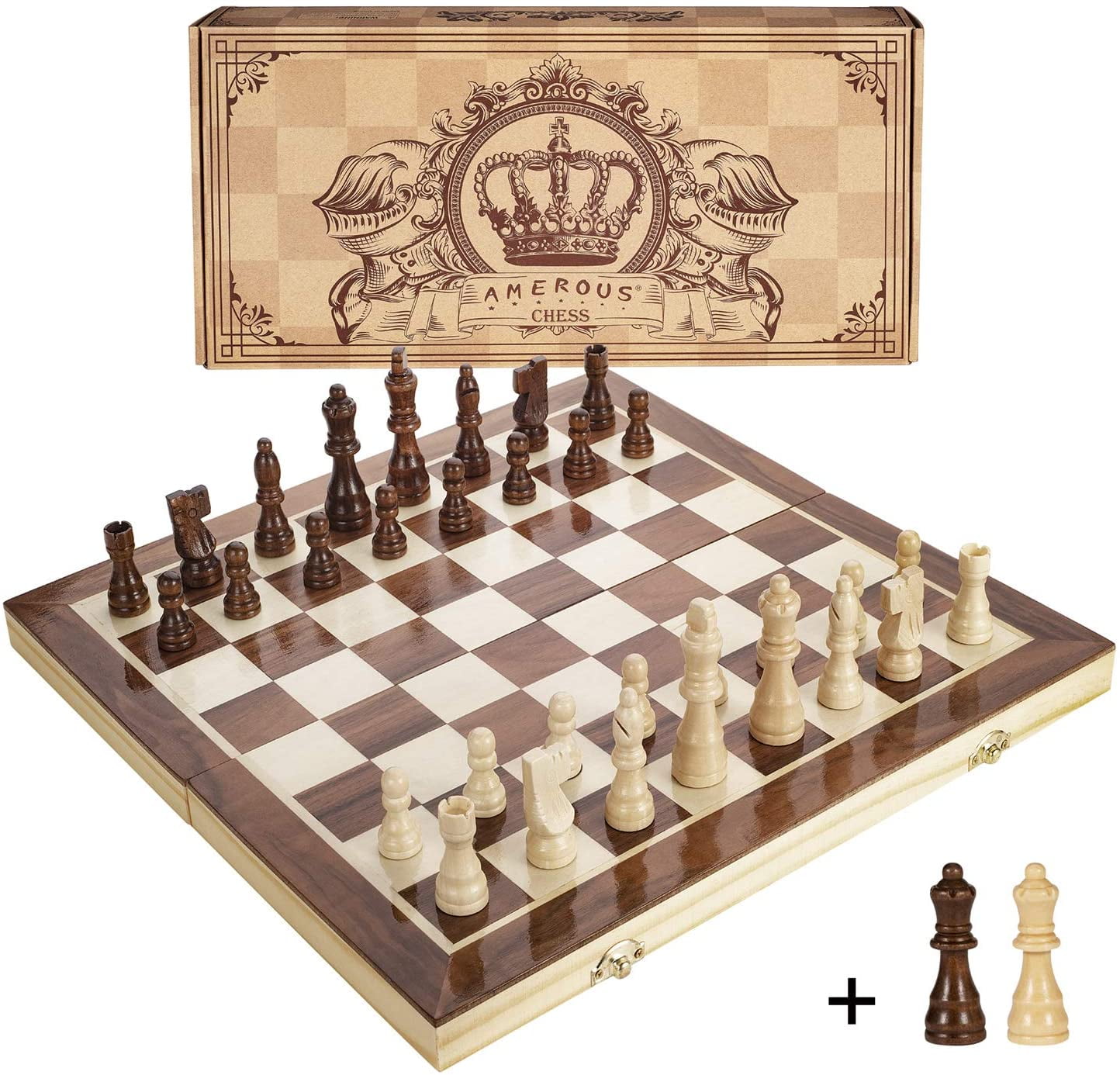 Amerous 15 Inches Magnetic Wooden Chess Set - 2 Extra Queens - Folding  Board, Handmade Portable Travel Chess Board Game Sets with Game Pieces  Storage 