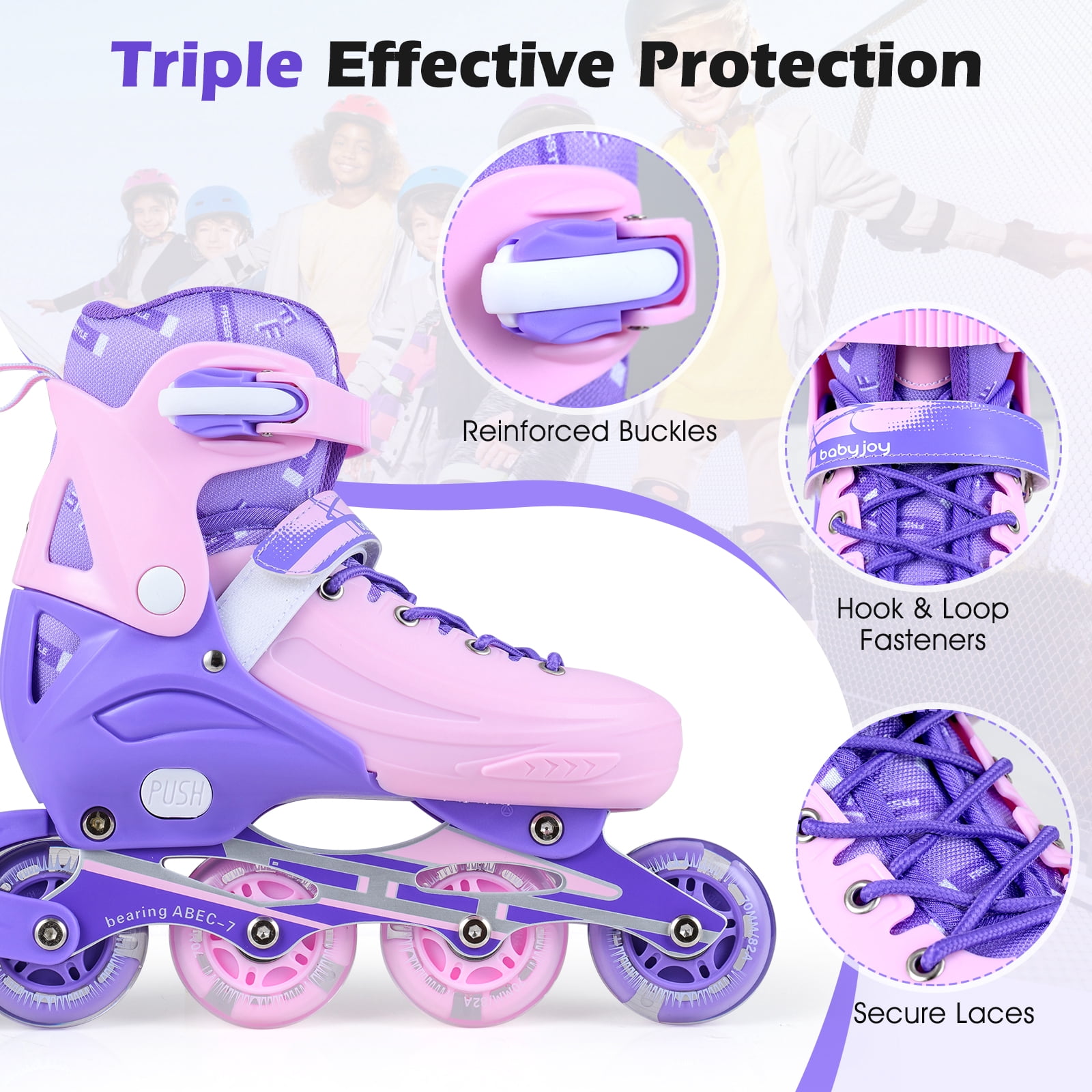 Babyjoy 4-Size Adjustable Light-Up Roller Skates with Illuminating Wheels & Safety Support Purple