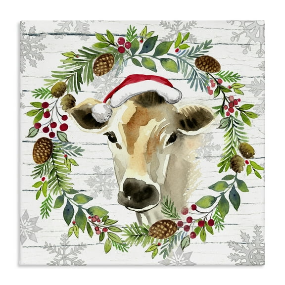 Stupell Industries Winter Farmhouse Cow Wreath Holiday Painting Wrapped Canvas Art Print Wall Art, 17 x 17