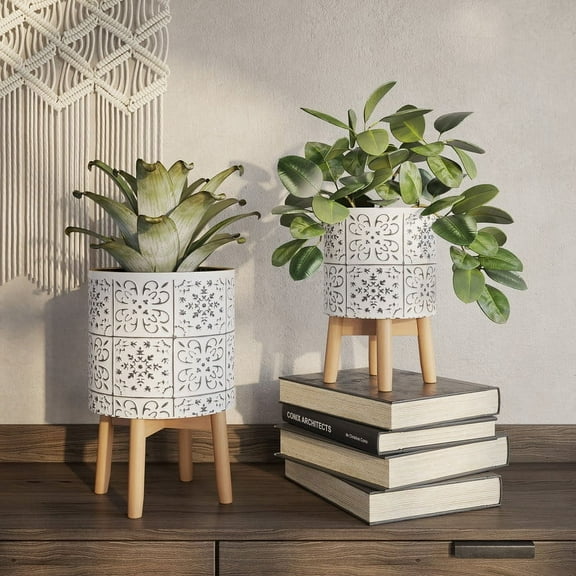 2-Piece Modern Metal Planter Pot With 4-Leg Wood Base - White & Black - 17"H x 10"W / 13.5"H x 8.5"W