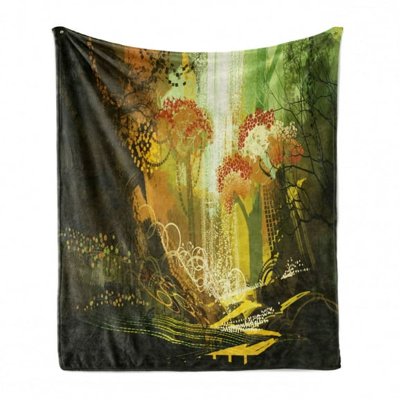 Fantasy Soft Flannel Fleece Throw Blanket, Forest with Waterfall Vivid Autumn Season Nature Inspired Digital Painting Print, Cozy Plush for Indoor and Outdoor Use, 50" x 70", Multicolor, by Ambesonne