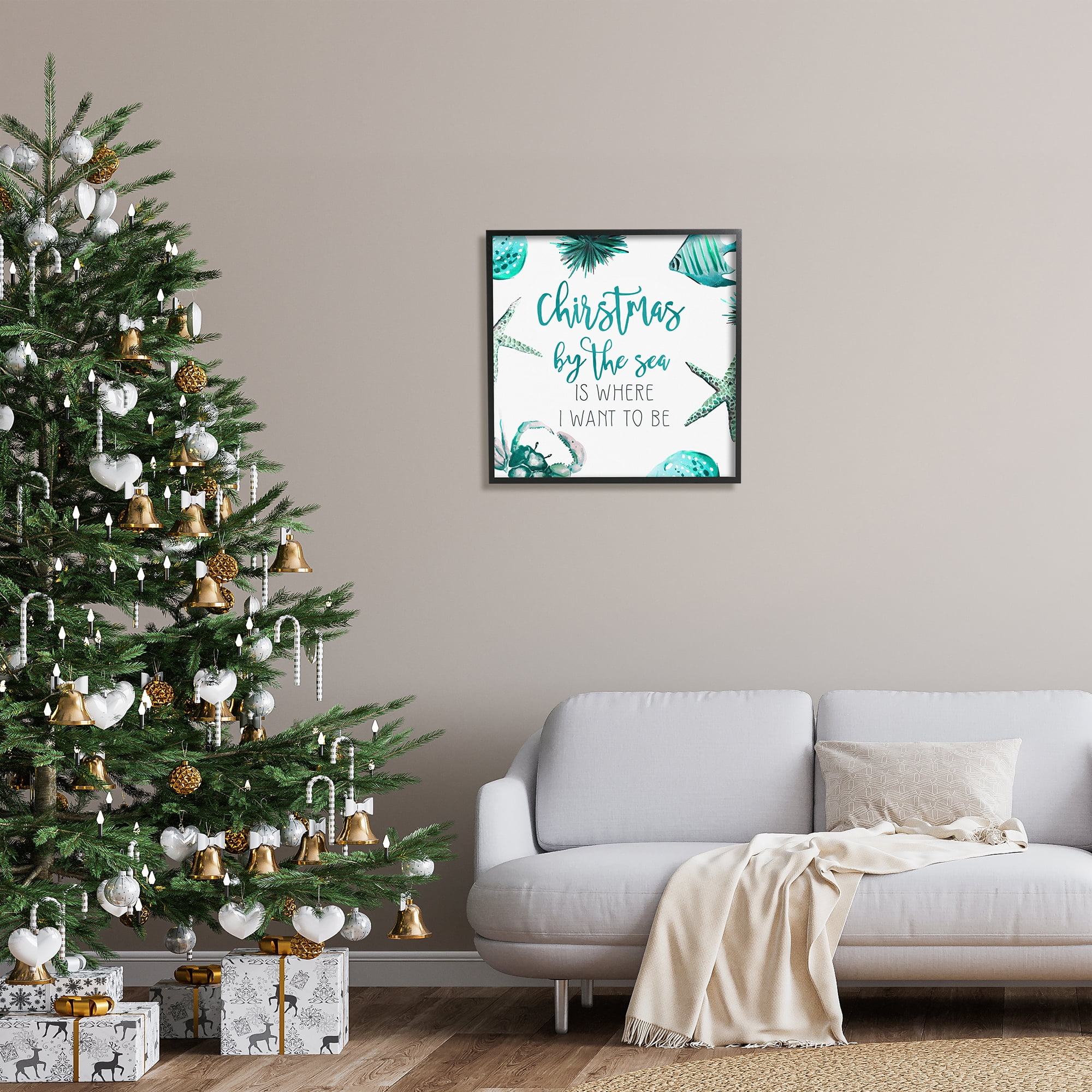 Stupell Industries Christmas By The Sea Phrase Holiday Painting Black Framed Art Print Wall Art