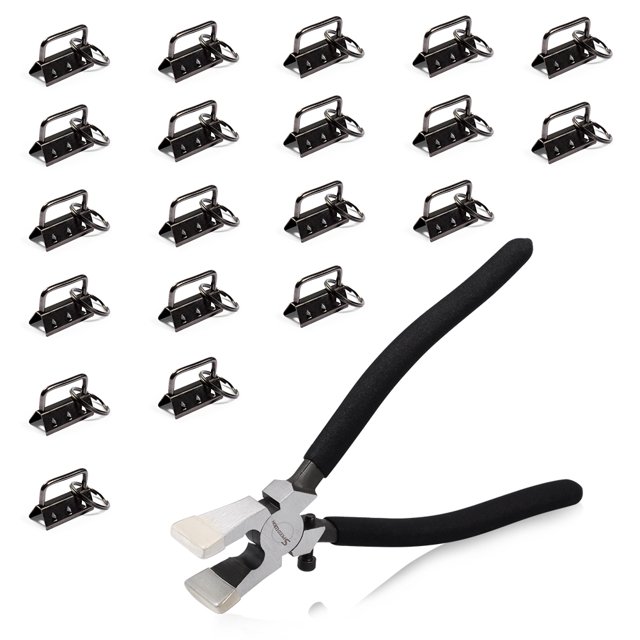 SPEEDWOX Glass Breaking Pliers with Rubber Tips and 20 Pcs 1.25 Inch Gun Black Key Fob Hardware Set with Keychain Split Rings Webbing Fabric Strapping Wristlet Set