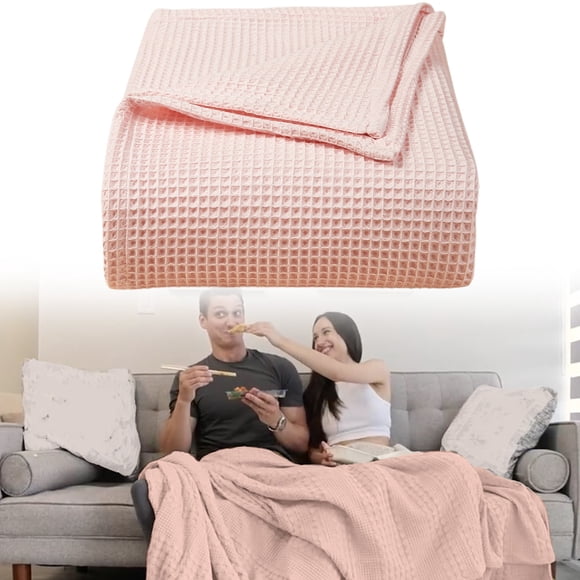 Waffle Weave Blanket Cozival Waffle Weave Cotton Blanket, Large Bed Throw and Sofa Cover, Lightweight Travel Blanket for Home and Outdoor, Cozy and Breathable, Cotton Travel Throw, Pink
