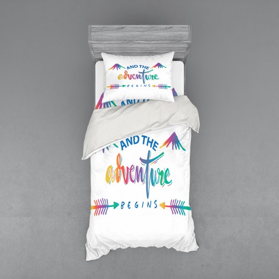 Adventure Duvet Cover Set, Colorful Calligraphic Design with Abstract Mountains and Arrow Journey, Bedding Set with Shams and Fitted Sheet, 3 Sizes, by Ambesonne