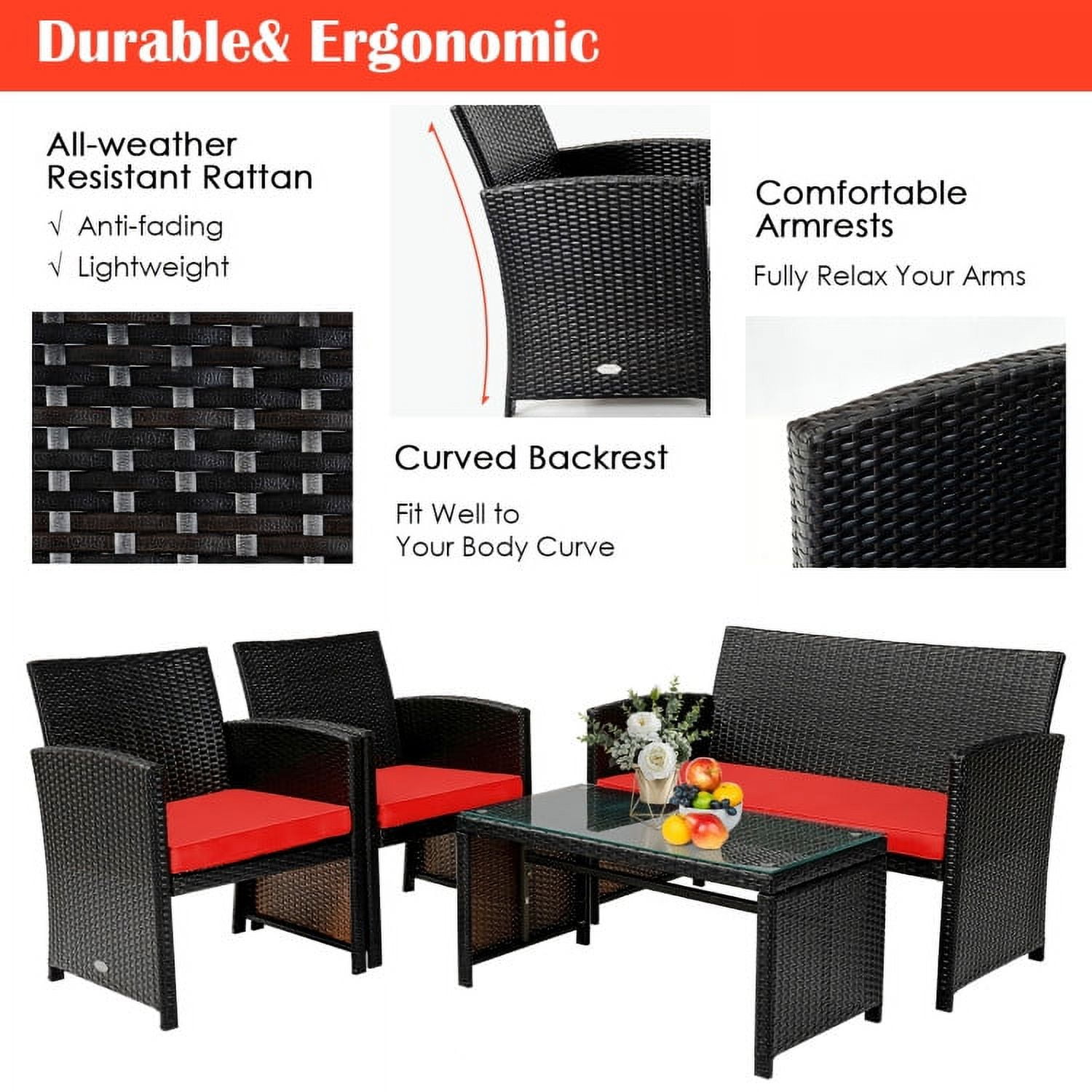 Aimee Lii 4 Pieces Wicker Patio Furniture Set, Coffee Table Cushioned Sofa, Modern Patio Furniture, Red Aimee Lii 4 Pieces Wicker Patio Furniture Set, Coffee Table Cushioned Sofa, Modern Patio Furniture, Red