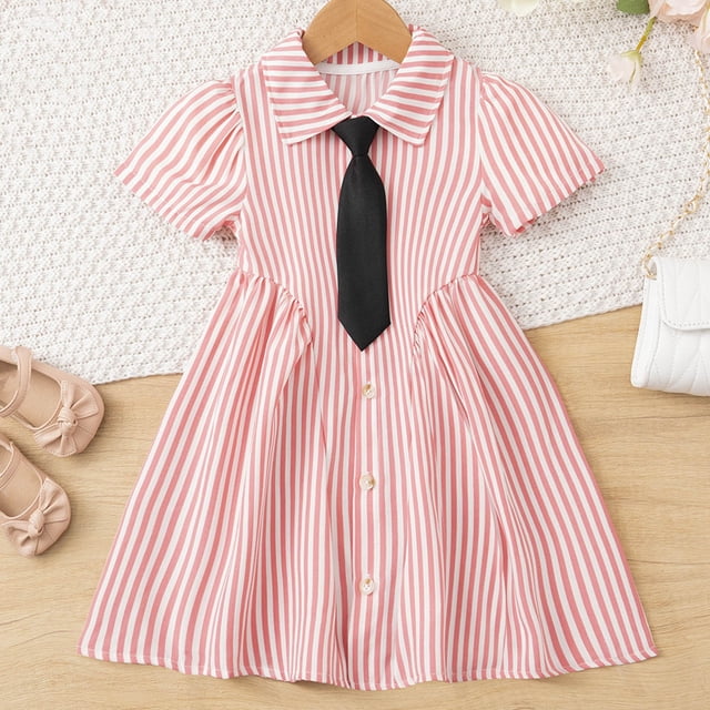 Vestido de manga corta con cuello vuelto para niñas, vestido sin mangas con botones finos, falda francesa ceñida con volantes en la cintura, falda de poliéster para niñas