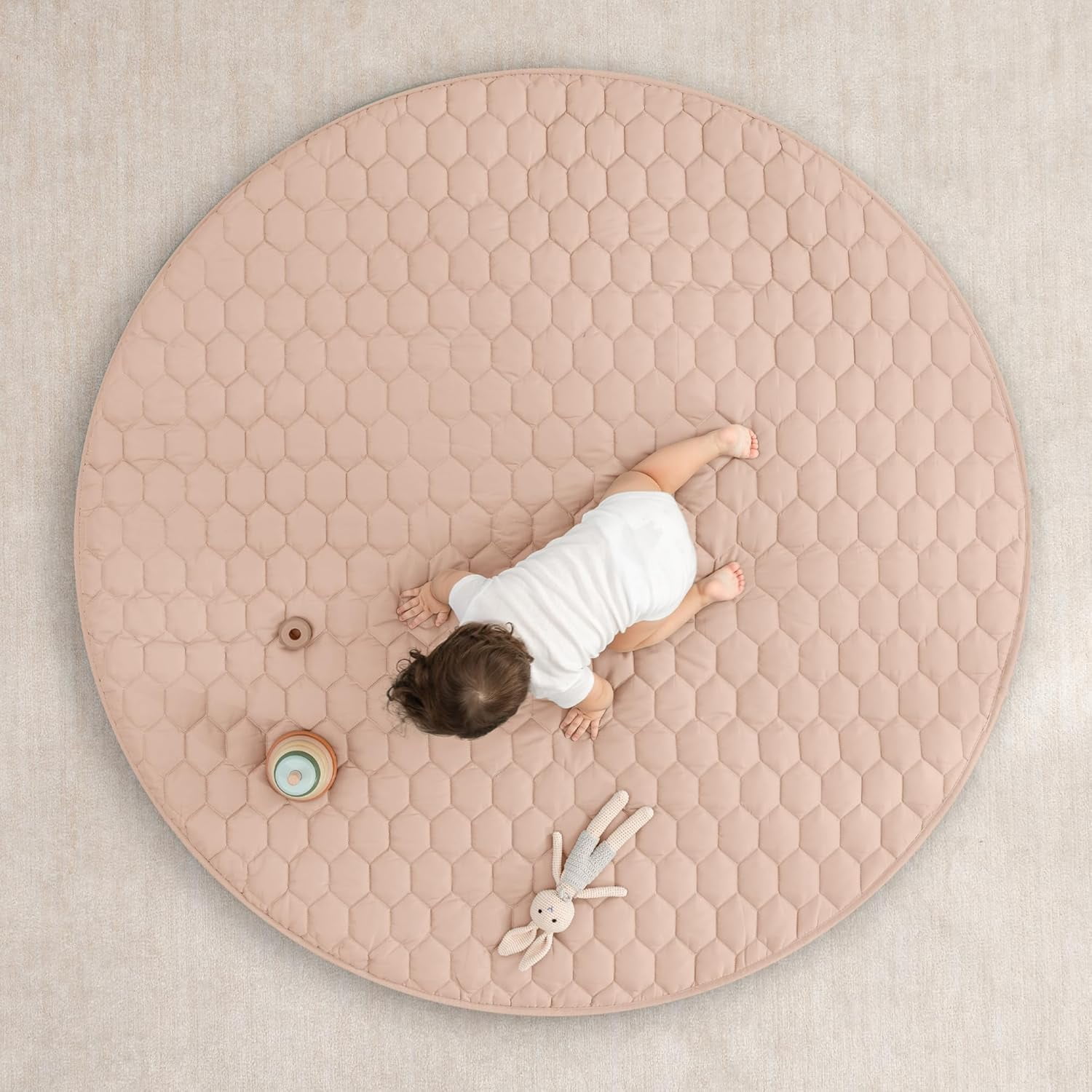 Comfy Cubs Premium Play Mat, Round (Large) 60" - Kids & Toddler Play Mat Non-Slip Bottom - Blush