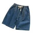 thumbnail image 2 of tasrioml Men Denim Shorts Elastic Waist Drawstring Straight Wide Leg Summer Shorts Solid Color Thin Loose Fit Casual Shorts, 2 of 8