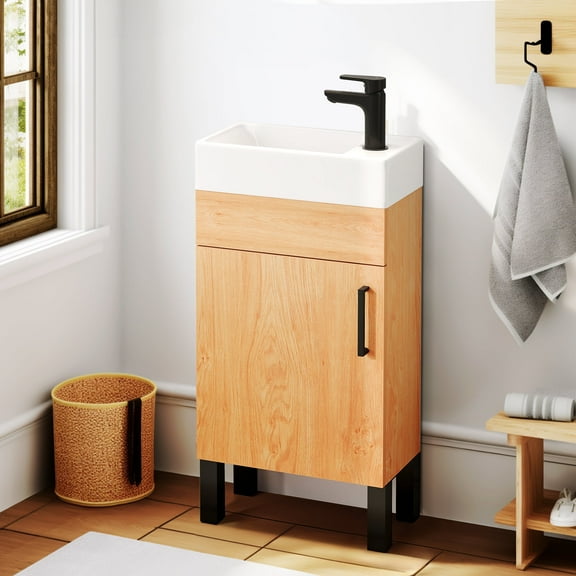 Dextrus 16 Inch Small Bathroom Vanity with Undermount Sink, Free Standing Bathroom Storage Cabinet with Drain, Oak