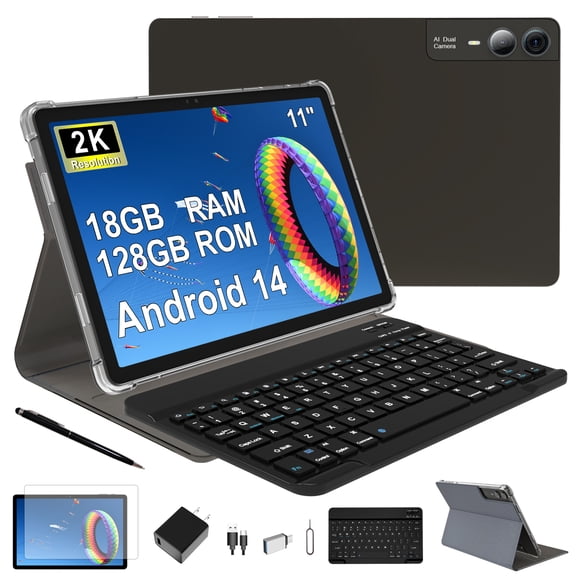 11 inch Tablet with Keyboard Android 14 2000*1200 2K Display Tablets PC, T616 Octa-Core 2.0GHz, 18GB RAM 128GB ROM 1TB Expandable, 5M 5M 13MP AI Camera, 9000mAh Battery, With Case, Pen