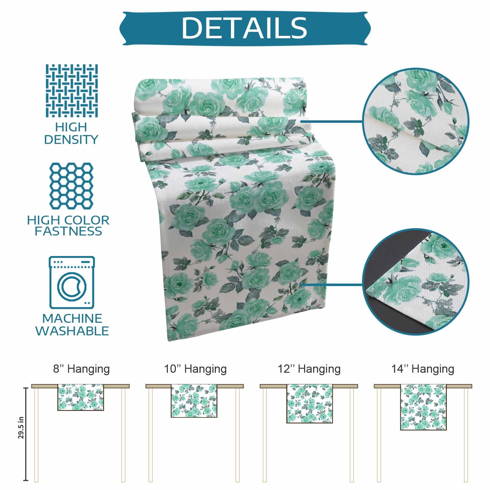 Green Floral Table Runner Cotton Linen 48 Inch Holiday Dresser Scarves, Farmhouse Garden Flowers Botanical Tablerunner for Kitchen Coffee Dining Bedroom Home Living Room Dinner Scarf Décor 13''x48''