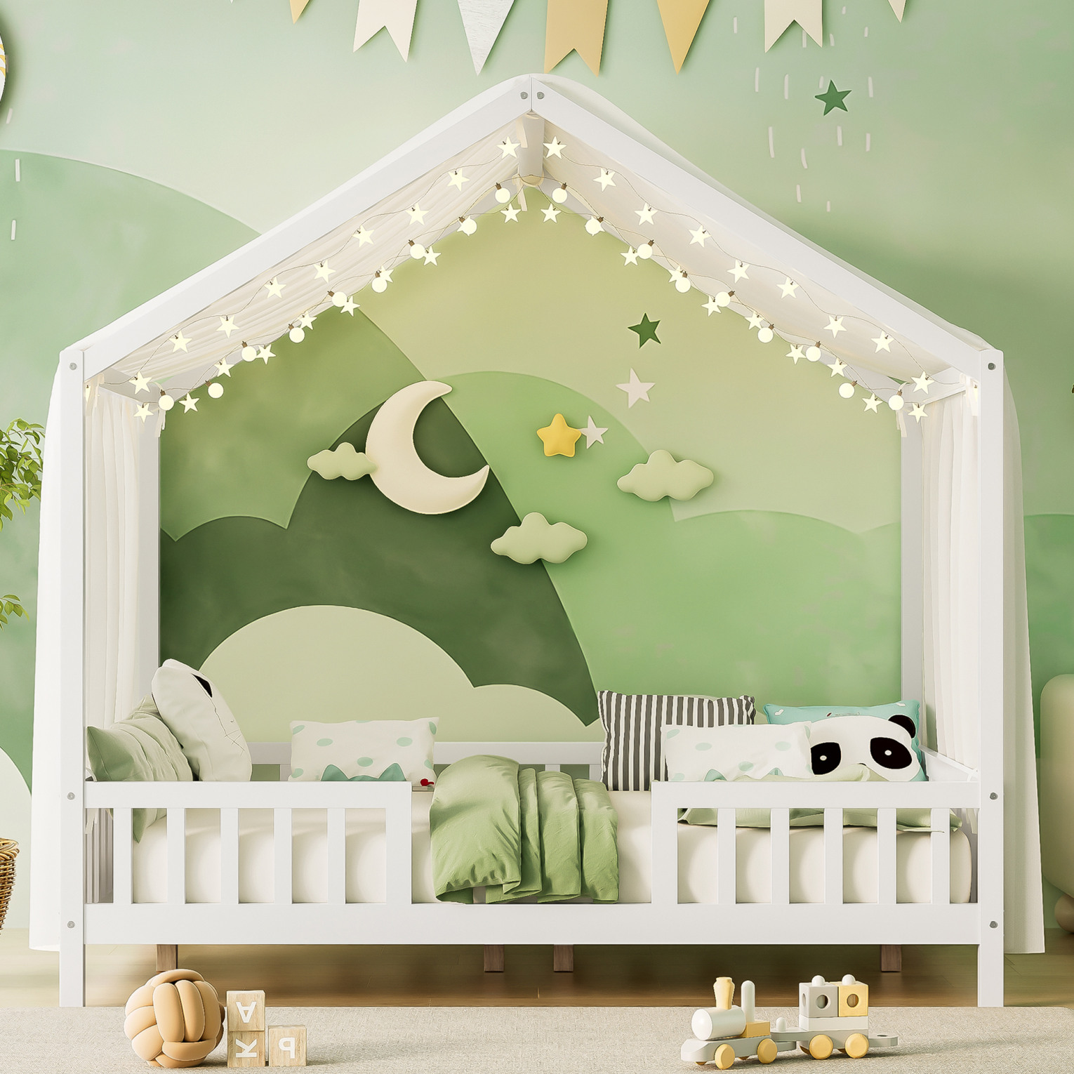 Full Size Montessori Floor Bed with Canopy, Wooden House Shape Toddler Bed with High Railings and Roof, Full Bed Frame for Kids Bedroom, White