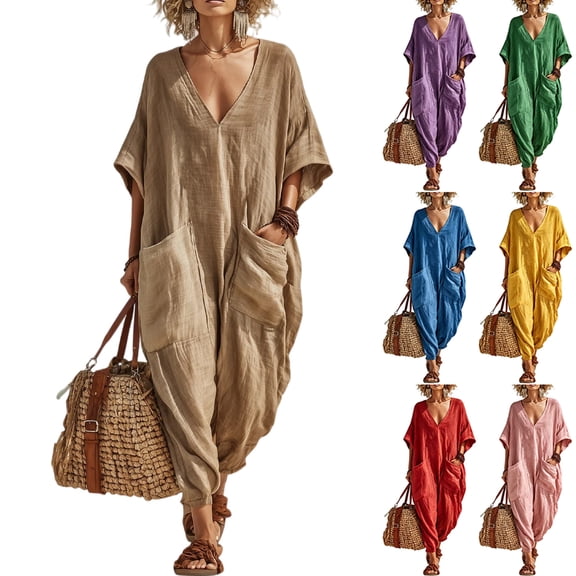 Jumpsuit for Women - V Neck Jumpsuit Casual Summer Loose Fit Long Pants with Pockets Green 2XL