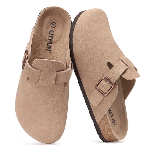 Litfun Suede Clogs for Women Cork Footbed Leather Sandals Arch Support Potato Shoes with Adjustable Buckle, Taupe