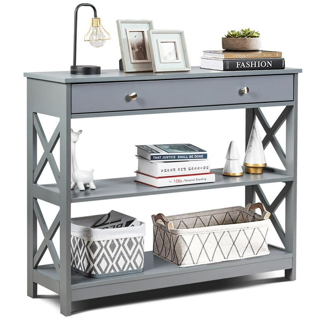 Giantex Table Console à 3 Niveaux, Table d'Entrée avec 2 Étagères de Rangement Ouvertes et Tiroir, Table d'Appoint Étroite, Table d'Appoint Multifonctionnelle, Gris
