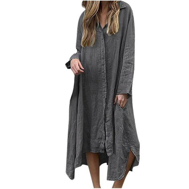 Robes d'Été en Lin pour Femmes, Manches Longues Retroussées, Robe Chemise Maxi Boutonnée, Décontractée, Couleur Unie, Col Rabattu, avec Poche, Gris Foncé