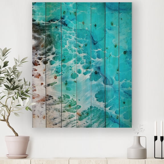 Designart 'Abstract Ocean Waves III' Modern Print on Natural Pine Wood