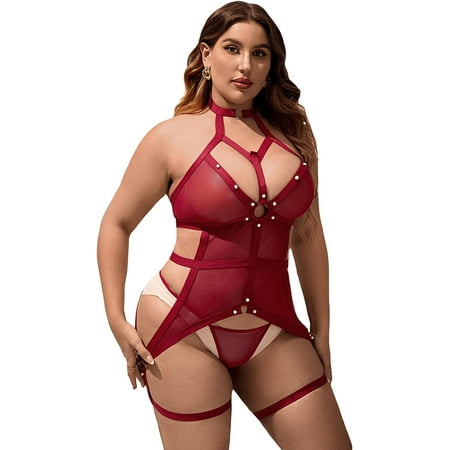 

ZWUYIYHJ Women s Plus Size Sexy Lingerie Set Sheer Garter Teddy Babydoll Bodysuit and Thong 2 Pieces