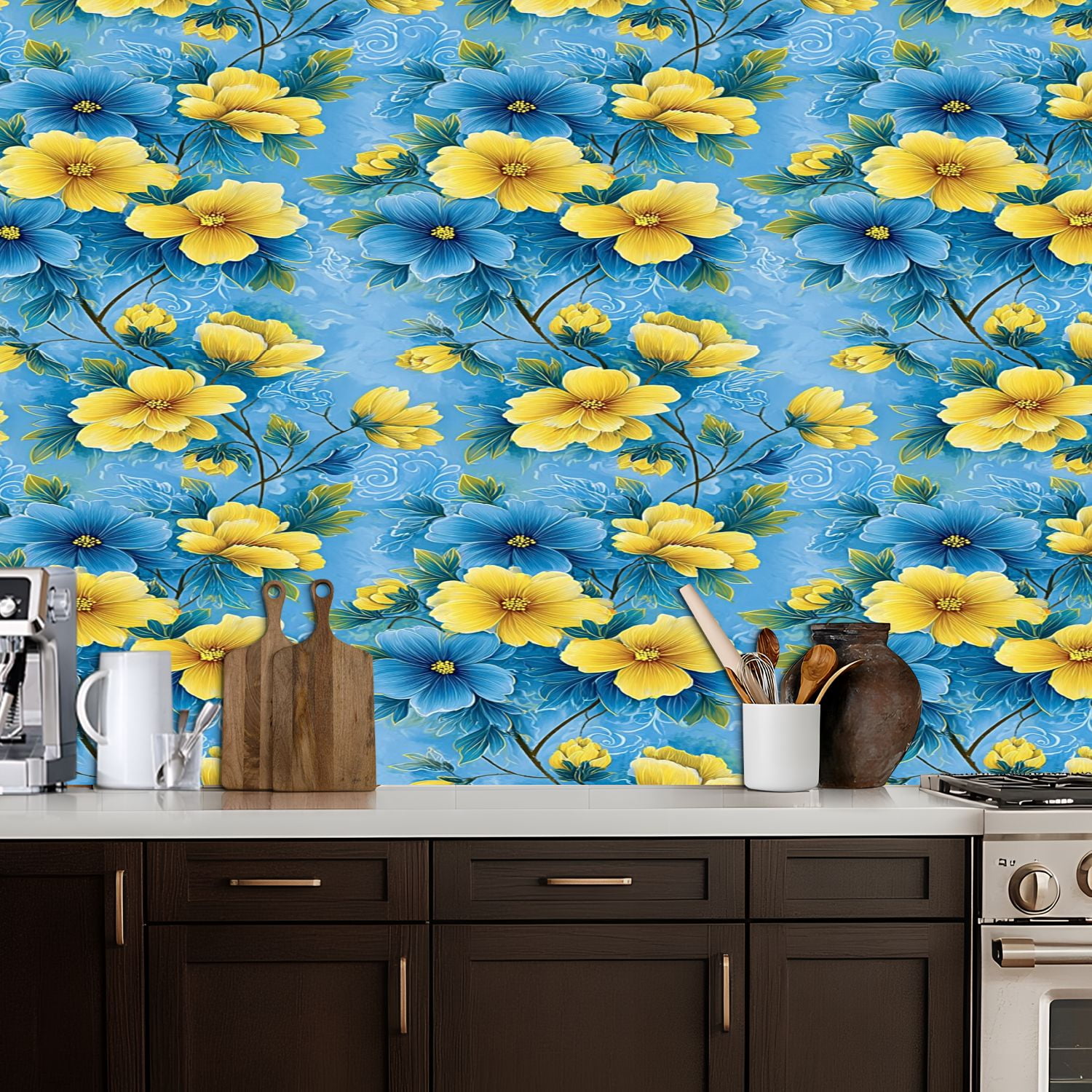 Flower Peel and Stick Wallpaper 17.7in x 9.8ft Blue Yellow Floral Soft Blue Contact Paper Vinyl Waterproof Self Adhesive Wall Paper for Bedroom Shelf Cabinet Renter Friendly