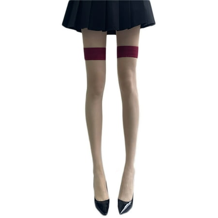 POPLIS Splicing Contrasting Color Top Silky Thigh High Stockings Women See Through Over Knee Long Socks Lingerie Hosiery
