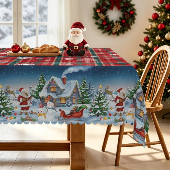 Nanqianyi Plaid Christmas Village Tablecloth 52x70 Inch,Waterproof Stain Resistant Dining Table Cover