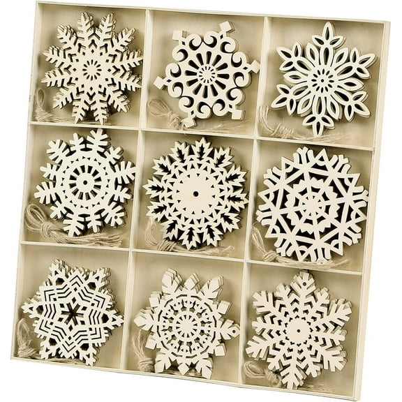 BOPORO Unfinished Wooden Snowflakes Ornaments, 36Pcs Christmas Tree Hanging Decoration Wood Cutouts DIY Craft Snowflake Shaped Embellishments Xmas Rustic Crafts with Twine (4 inch)