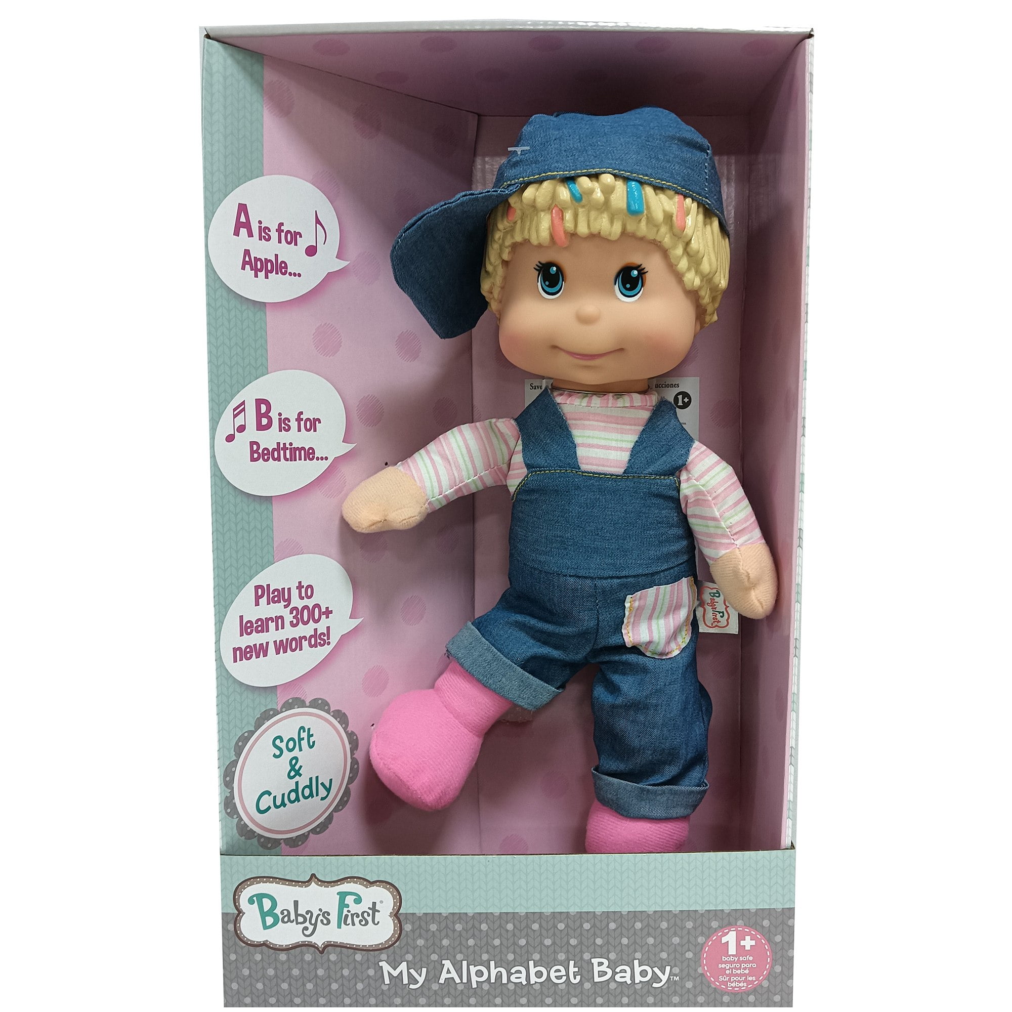 Goldberger Baby's First: My Alphabet Boy Doll - Blue Denim Overalls -  Interactive Singing Musical Doll, Teaches ABC's & Fun Words, Soft Toy, Kids-Toddler Age 1 year & Up