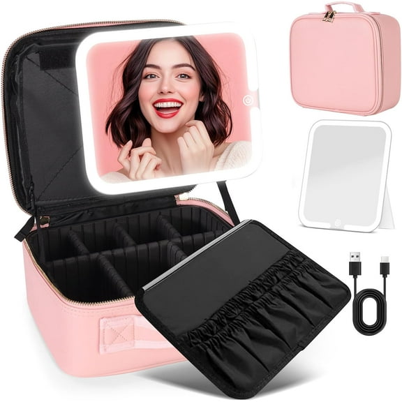 CJC Travel Makeup Bag with Mirror of LED Lighted 3-Color Lighting Adjustable Dividers Cosmetic Makeup Organizer Bag Waterproof Makeup Case