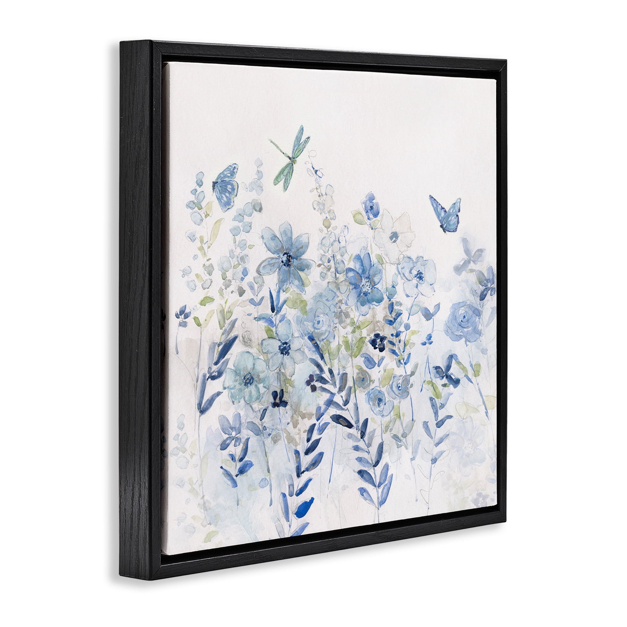 Stupell Industries Delicate Blue Floral Garden Botanical & Floral Painting Black Floater Framed Canvas Art Print Wall Art, 25 x 25