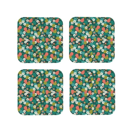 

Leather Coasters Set of 4 - Red berries green leaves white flowers Lightweight Non-Slip Drink Coasters for Desk Anti-Scalding Desk Cup Coasters for Office Table Decor Square
