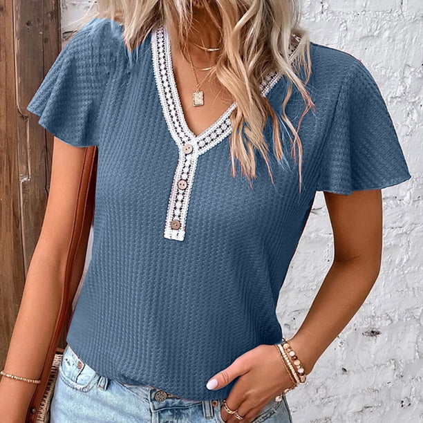 Fiudx Ofertas Relámpago Blusas de Pullove Informales Sólidas de Manga Corta con Botones y Cuello En V de Verano para Mujer a La Moda