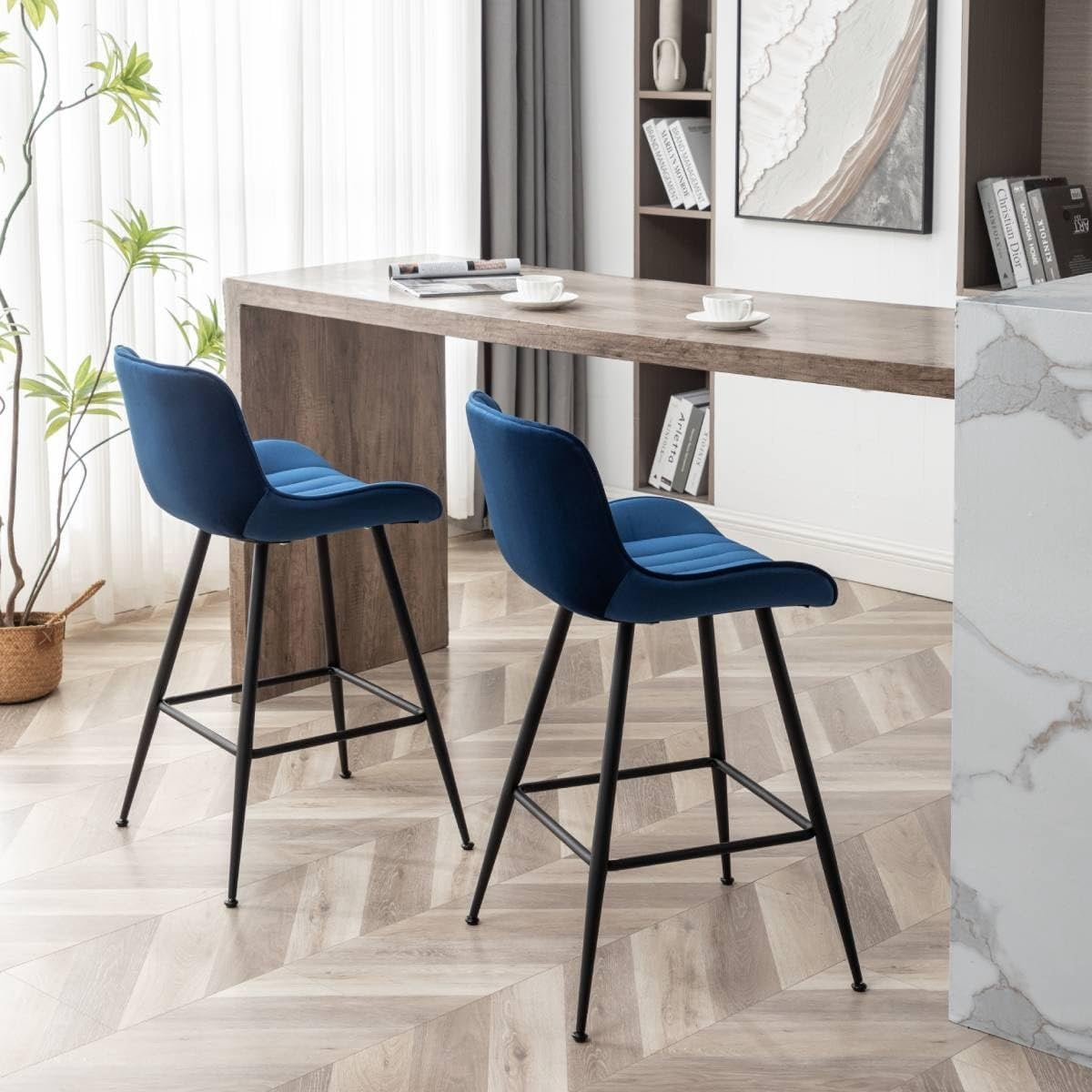 Bar Stools Set of 2 - Luxury Bar Stools Counter Height Barstool 24 Inch Seat Height Upholstered  Barstool Set of 2 Blue Counter Stools for Kitchen ,  Counter, Bar Pub (Blue).
