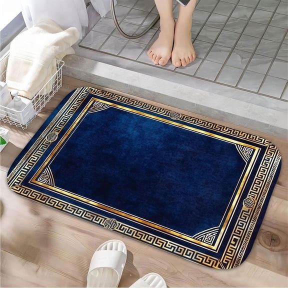 1pc Blue and Gold Frame Absorbent Non-Slip Bathroom Thickened Flannel Rug Decor,Soft,Quick Drying,Suitable For Indoor/outdoor Use,Bathrooms,Bedrooms,Kitchens,Terrace,Laundry Rooms,16"x24"